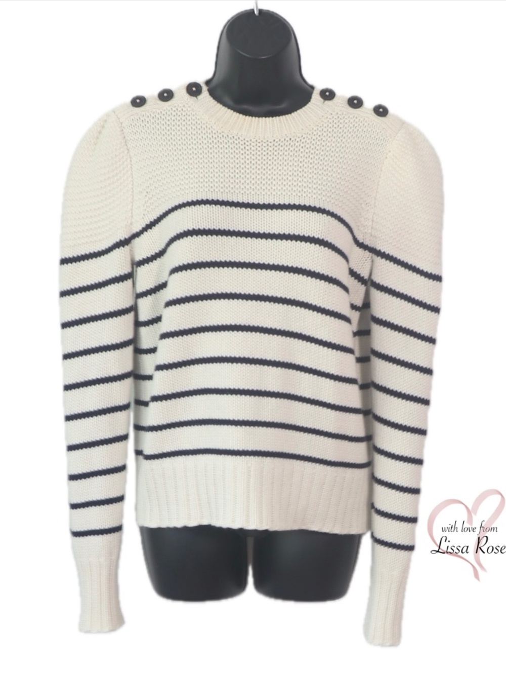 Striped Sweater, Cotton & Wool, Button Detail, Navy (La Vie by Rebecca Taylor)